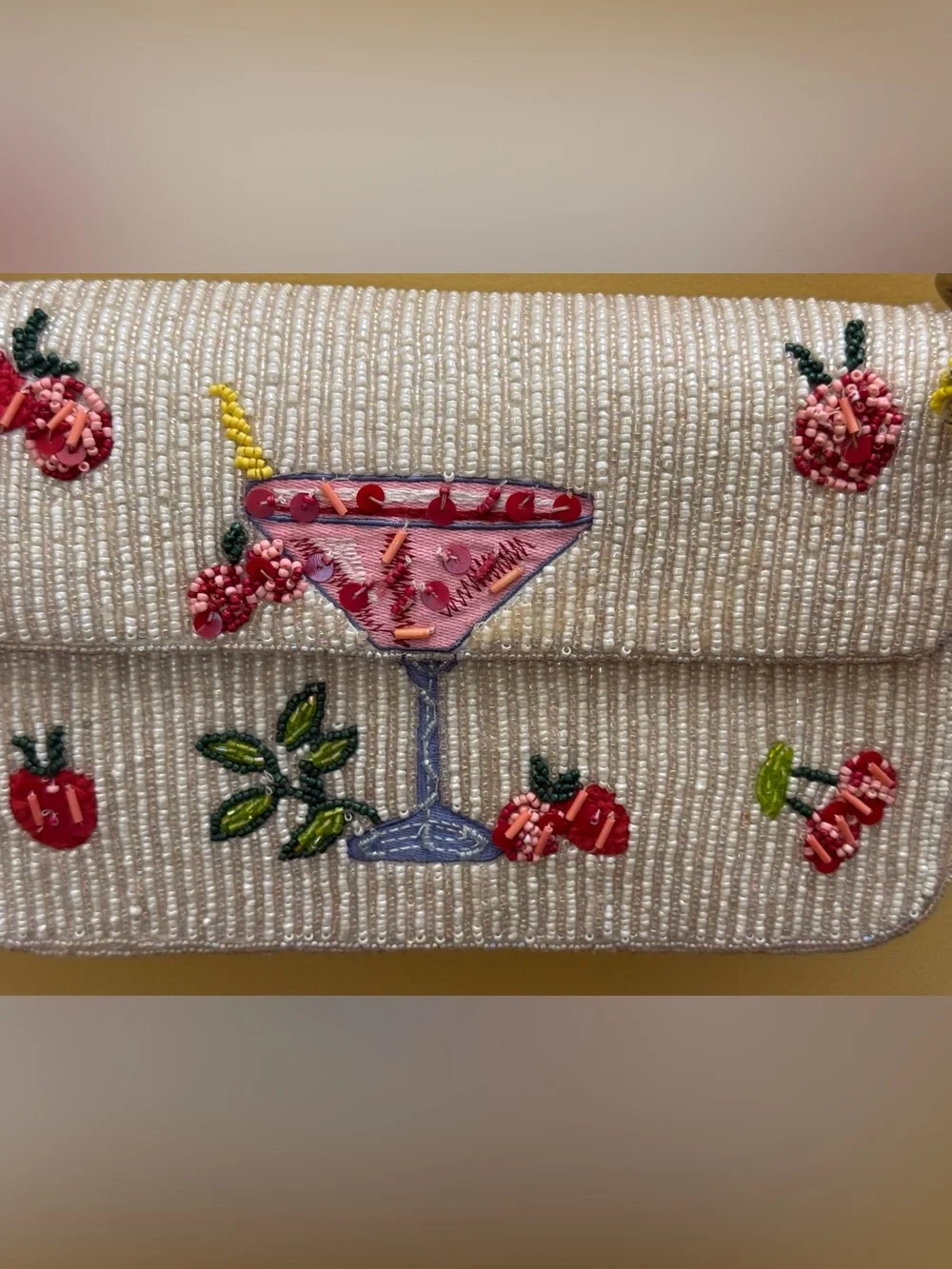 Handcrafted Beaded White Cherry Martini Shoulder Bag NWT Tik Tok Viral - Picture 4 of 8